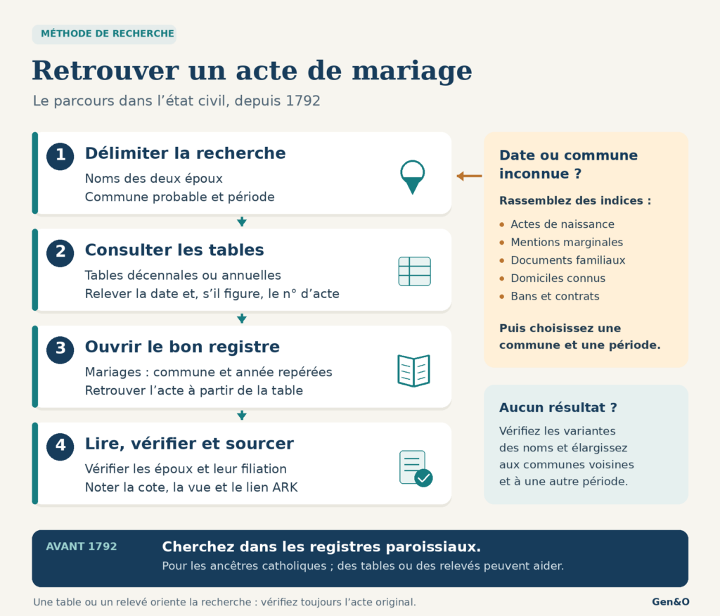 Retrouver un acte de mariage : identifier la commune et la période, consulter les tables, ouvrir le registre et vérifier l’acte.