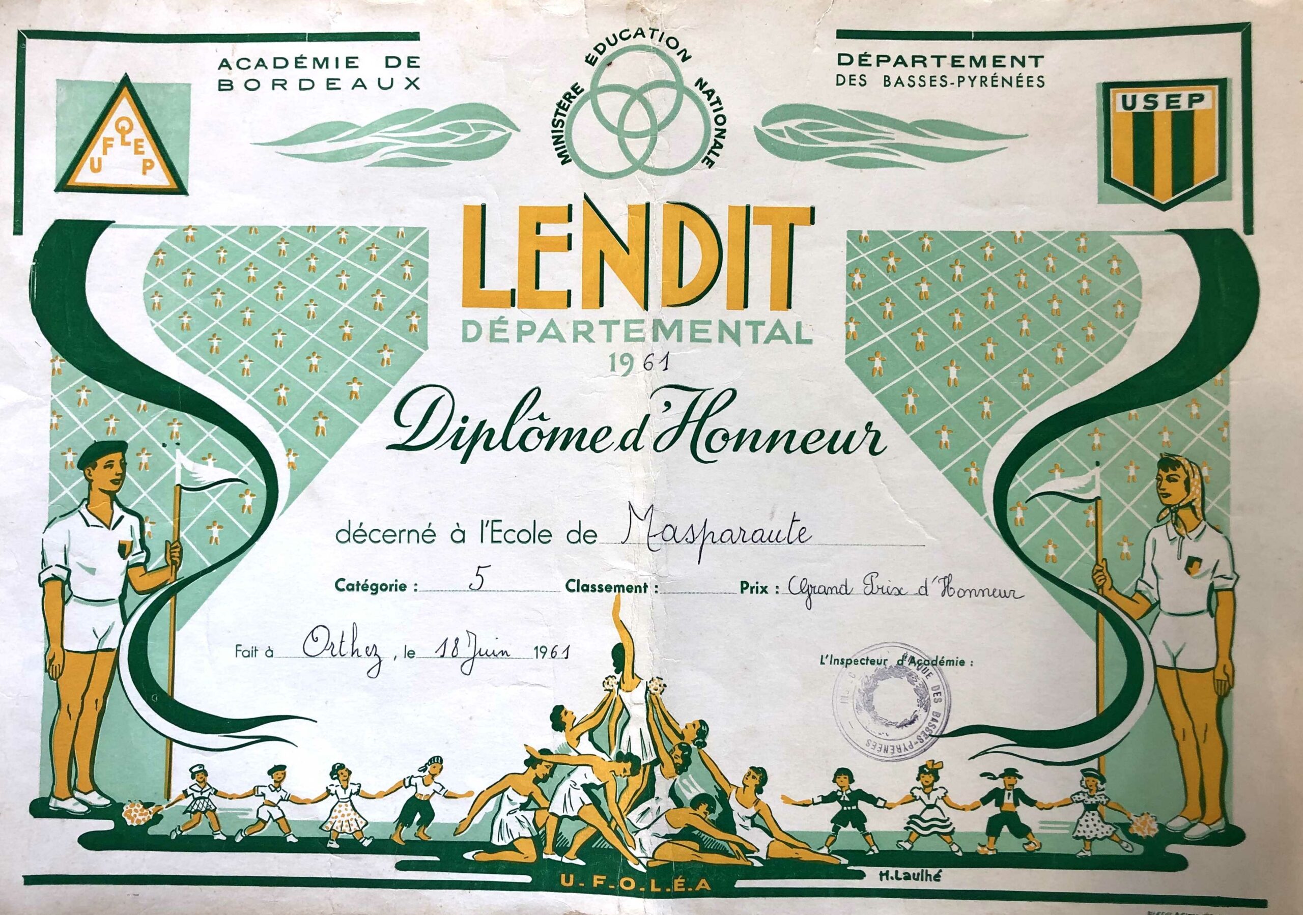 Diplôme de lendit à Masparraute, 1961