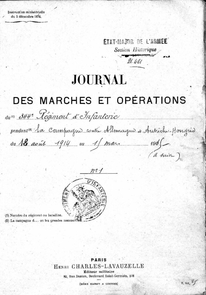 Journal de marche et opérations du 344e RI, extrait, SHD