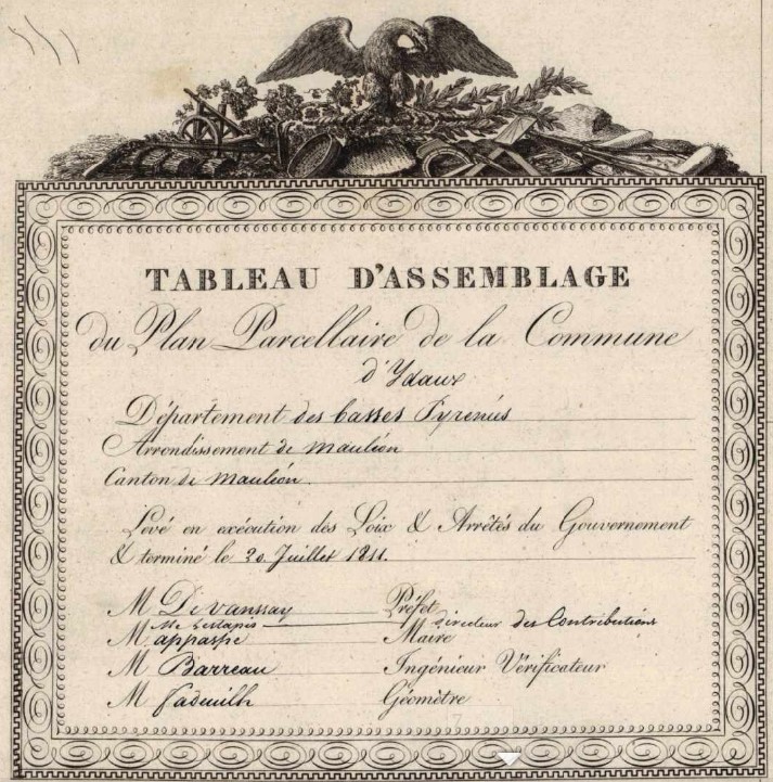 Cartouche du tableau d'assemblage d'Idaux, cadastre Archives départementales des Pyrénées-Atlantiques