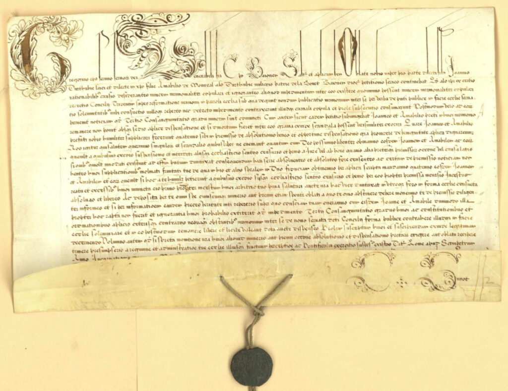 Dispense de parenté dans une Bulle du Pape Grégoire XIII, mariage entre Jean d'Urtubie et Amable de Montréal