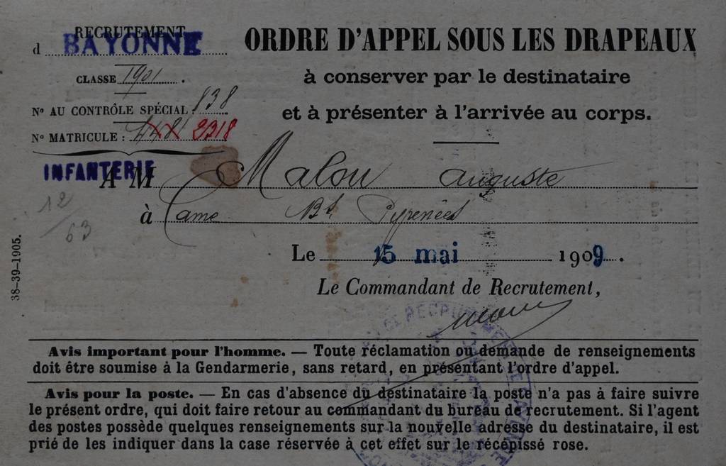 Archives militaires, ordre de route, 1909, AD 64