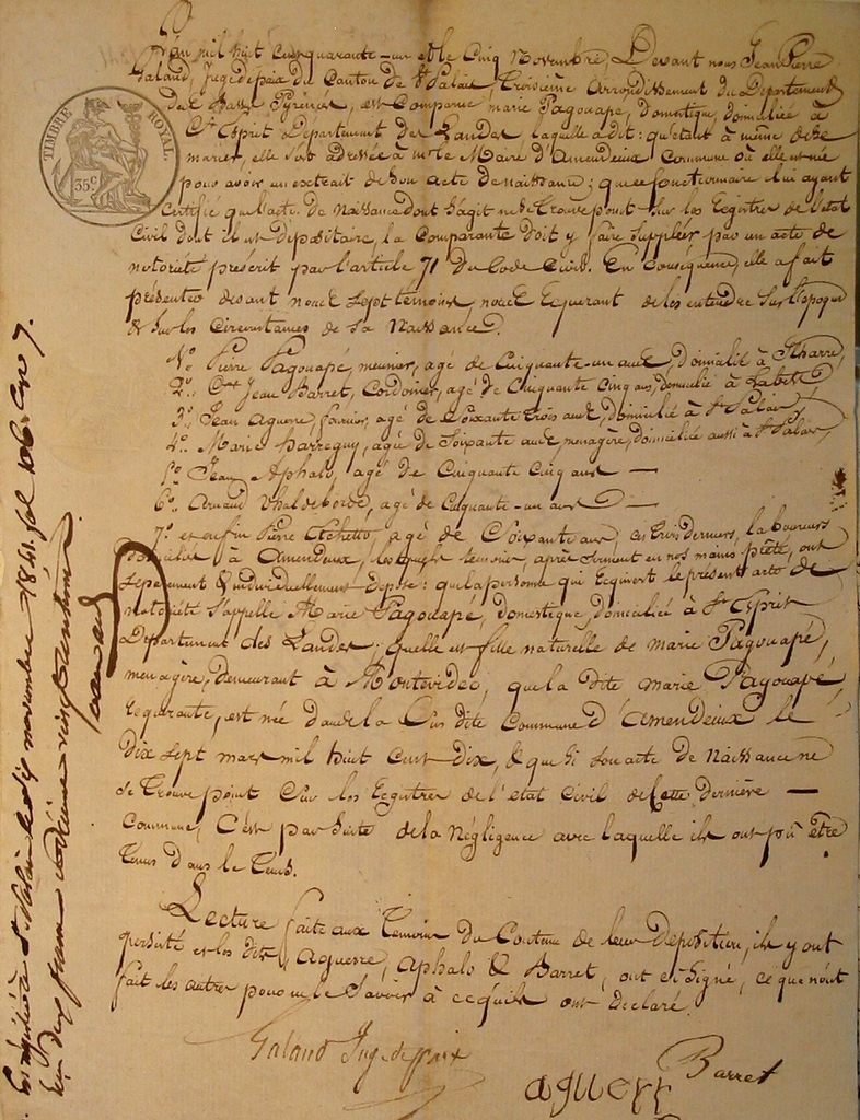 Acte de notoriété de 1841, archives départementales des Pyrénées-Atlantiques, AD 64, 4 U 35/36