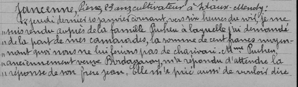 Extrait du procès-verbal de 1924 : Pierre Jancenne déclare sa demande de cent francs pour éviter un charivari à Idaux-Mendy.
