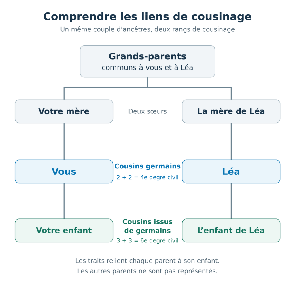 Vous et Léa partagez des grands-parents et êtes cousins germains ; vos enfants sont cousins issus de germains.